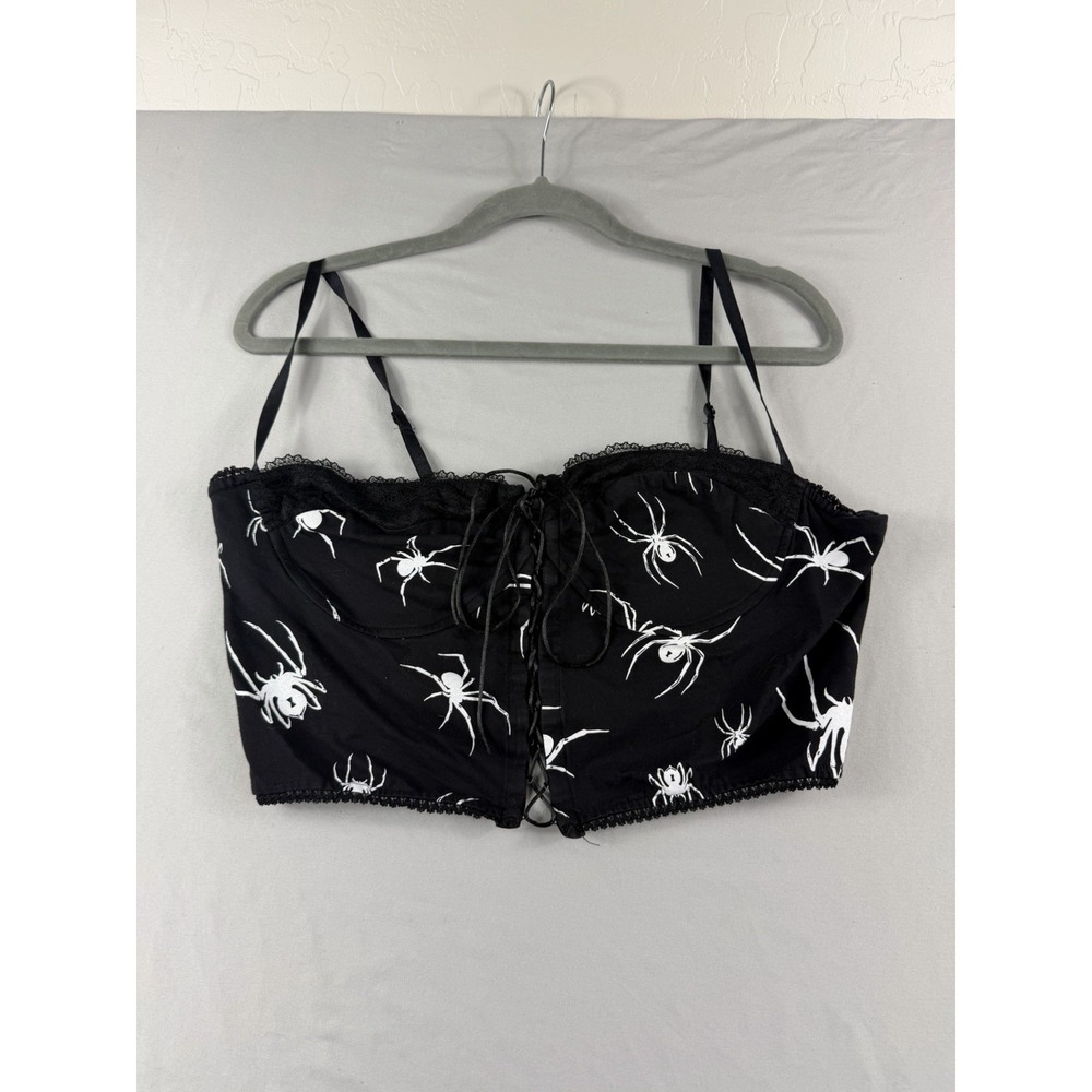 Widow dollskill black bralette top, spiders, tie front, no size tag, women's 2x
